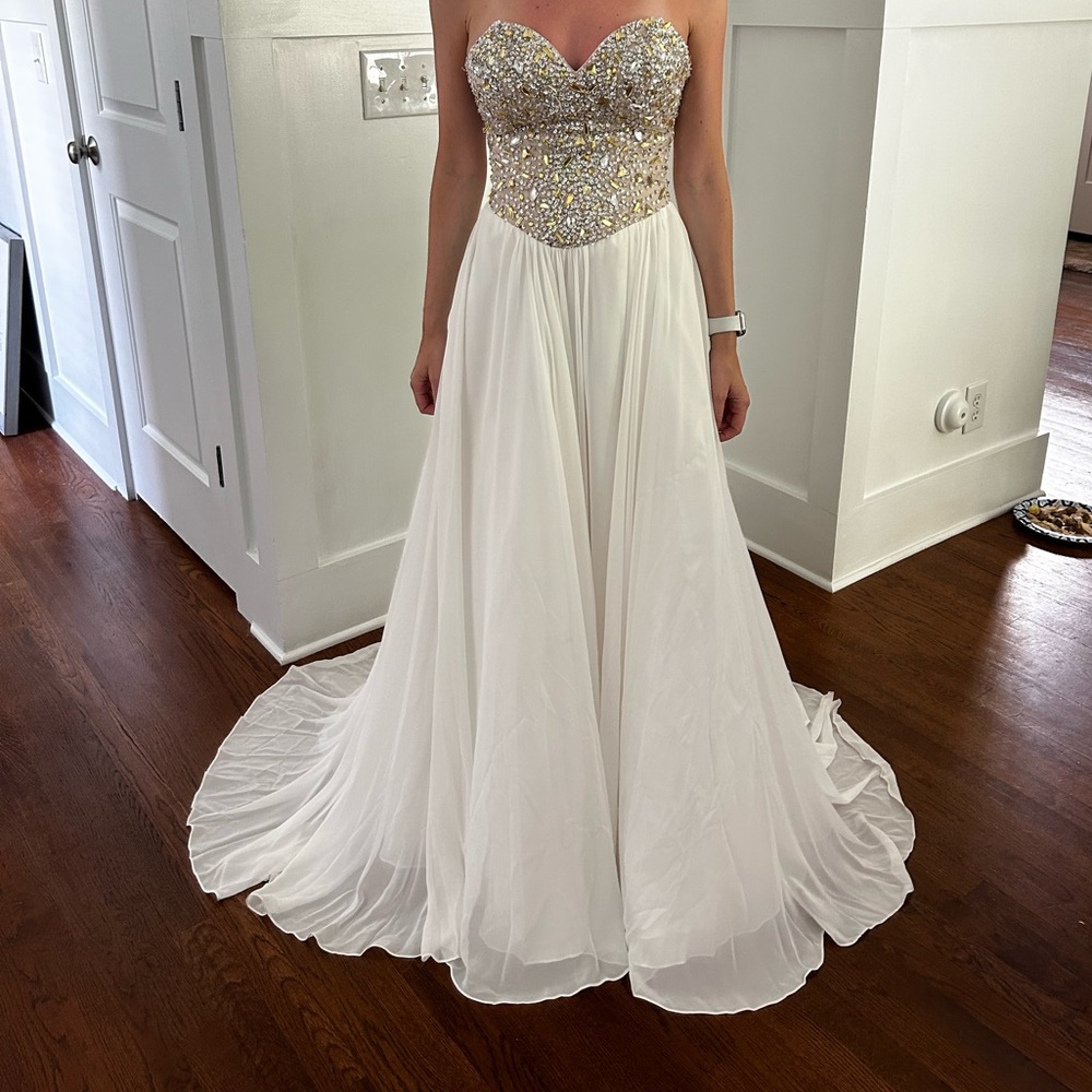 Terani Couture  Strapless White and Gold Evening Gown